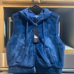 NWT Calia womens faux fur vest dark denim zip up hoodie